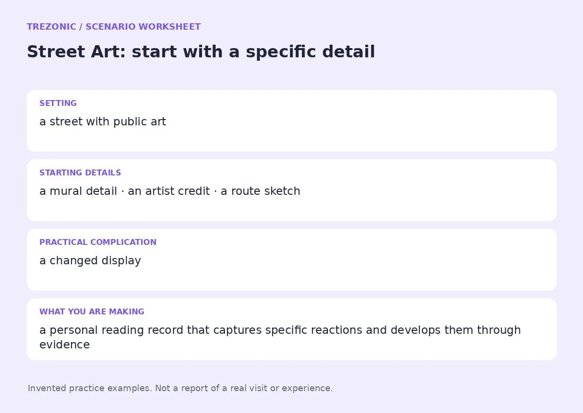 Practice worksheet for Street Art: setting, starting details, complication and goal
