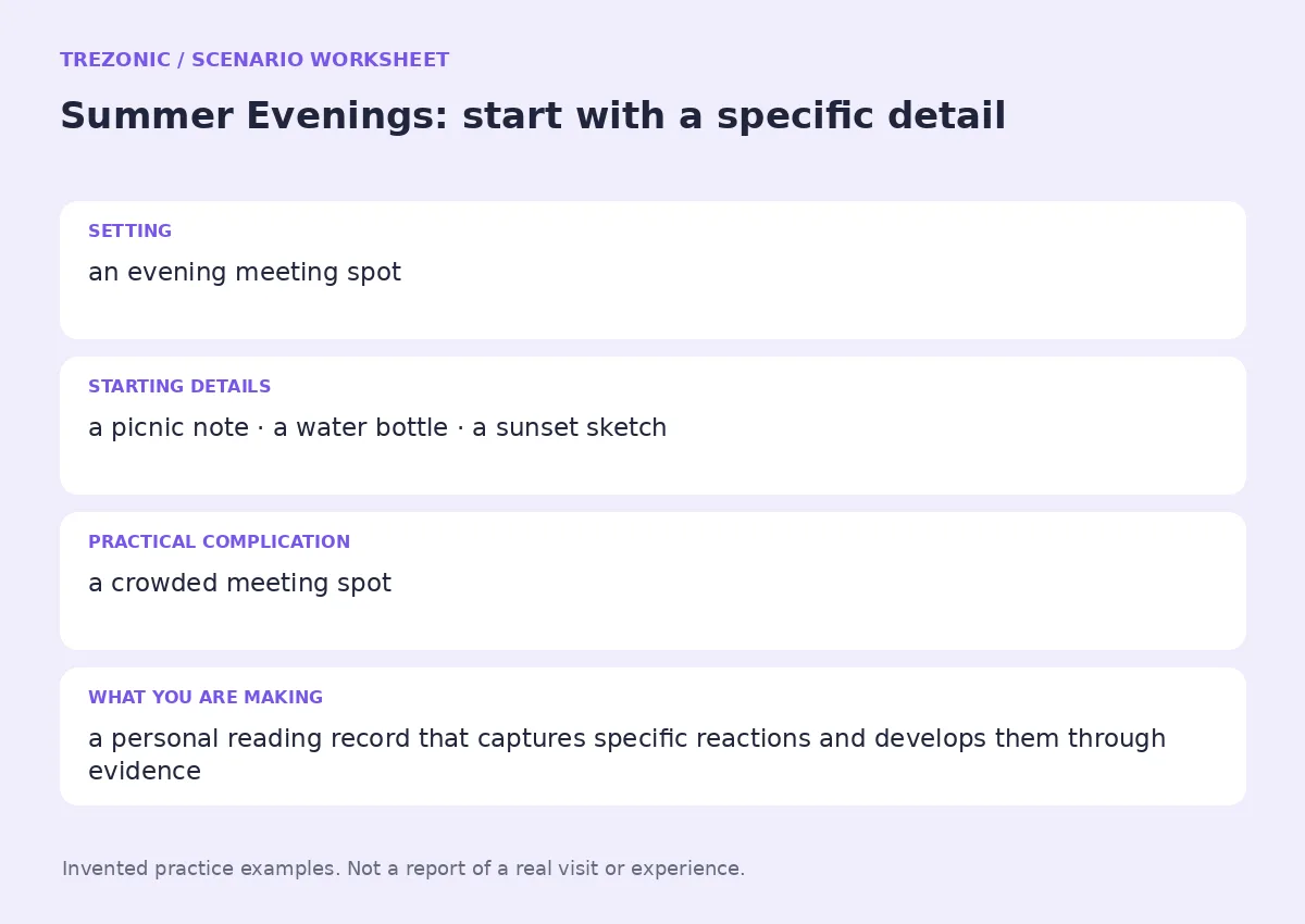 Practice worksheet for Summer Evenings: setting, starting details, complication and goal