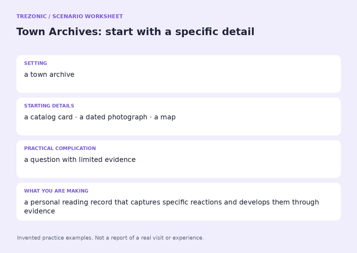 Practice worksheet for Town Archives: setting, starting details, complication and goal