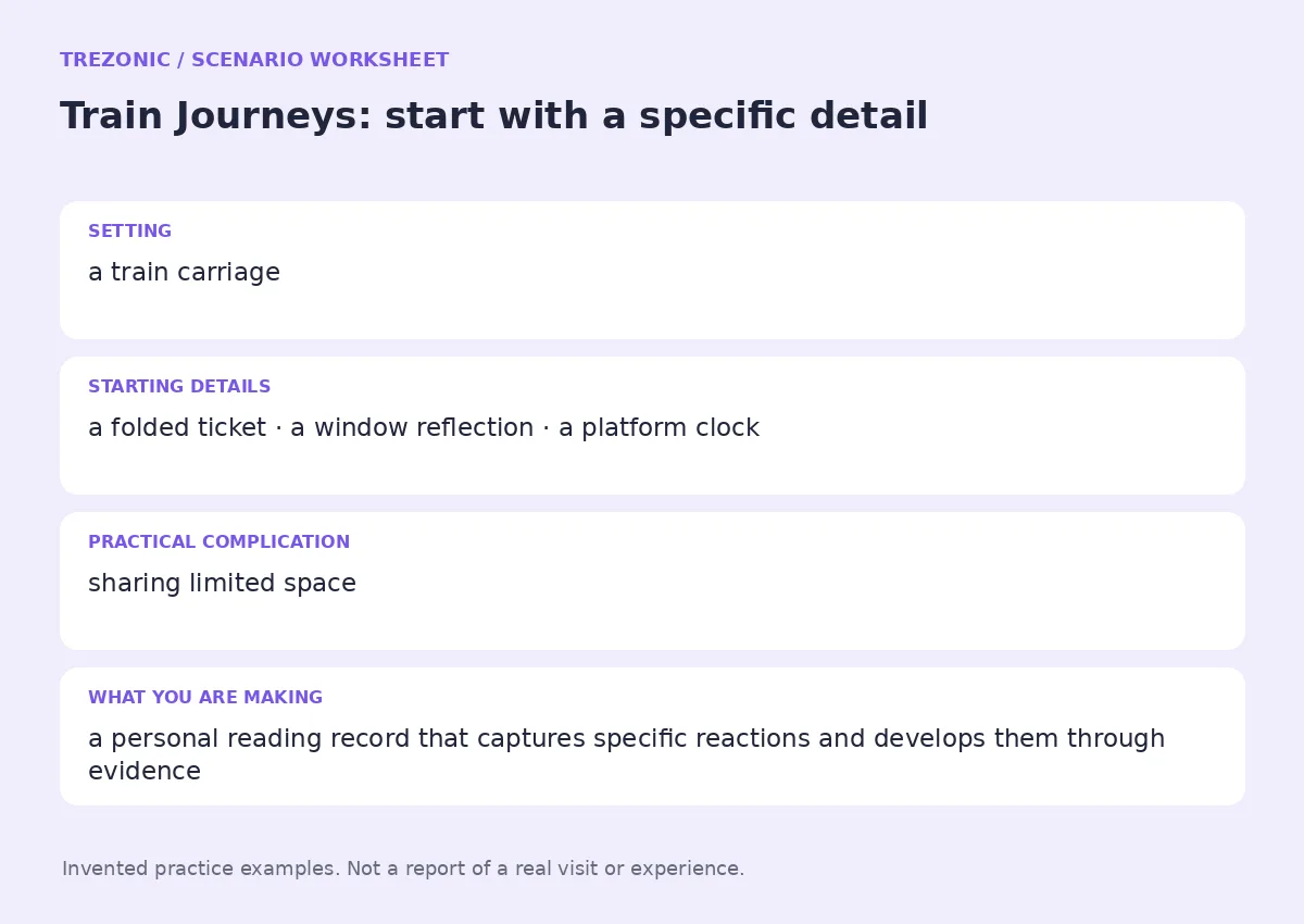 Practice worksheet for Train Journeys: setting, starting details, complication and goal