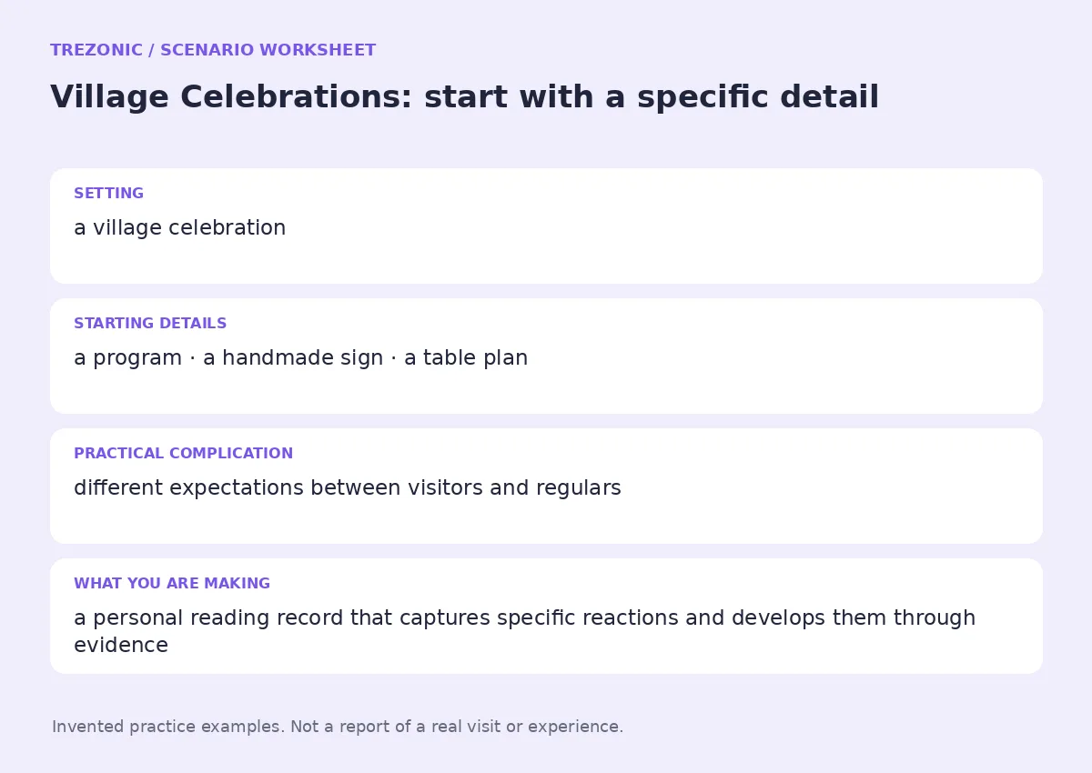 Practice worksheet for Village Celebrations: setting, starting details, complication and goal