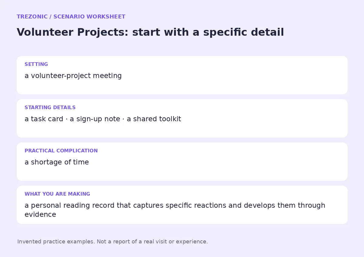 Practice worksheet for Volunteer Projects: setting, starting details, complication and goal
