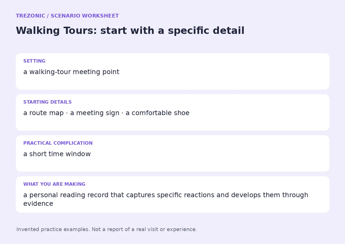 Practice worksheet for Walking Tours: setting, starting details, complication and goal