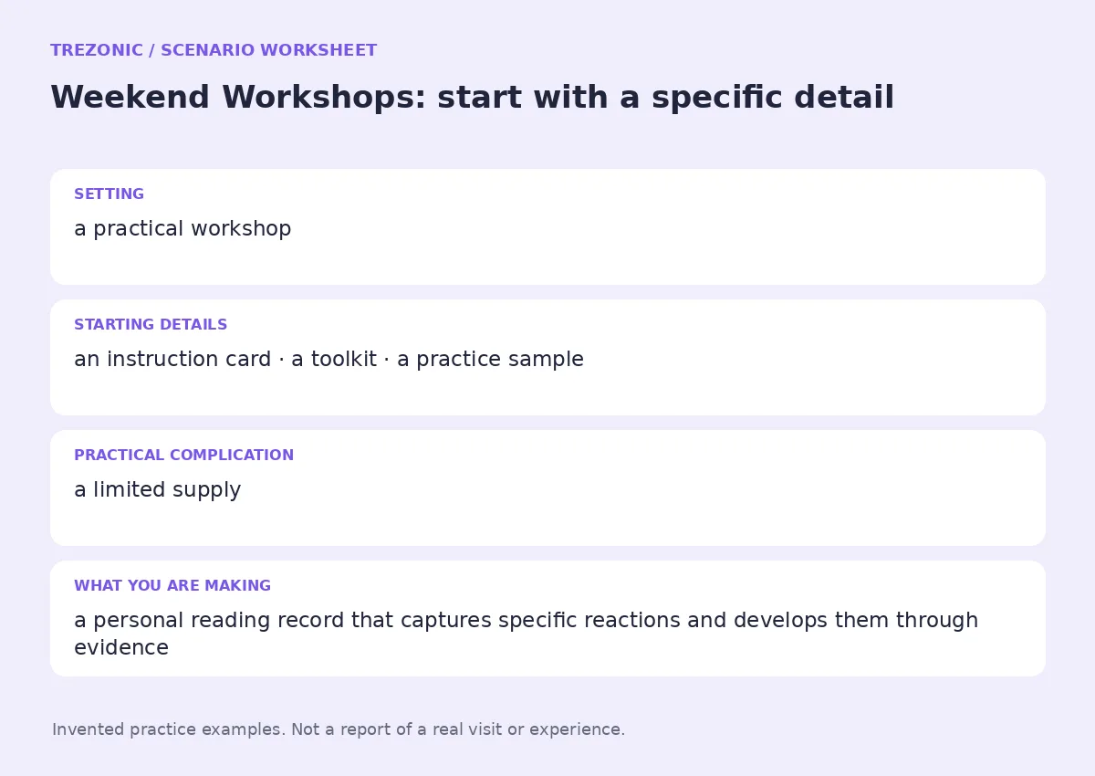 Practice worksheet for Weekend Workshops: setting, starting details, complication and goal