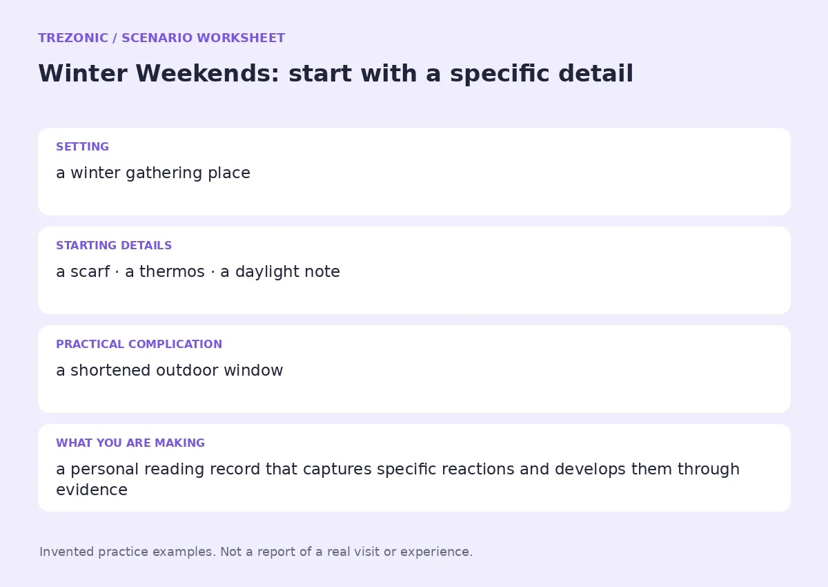 Practice worksheet for Winter Weekends: setting, starting details, complication and goal