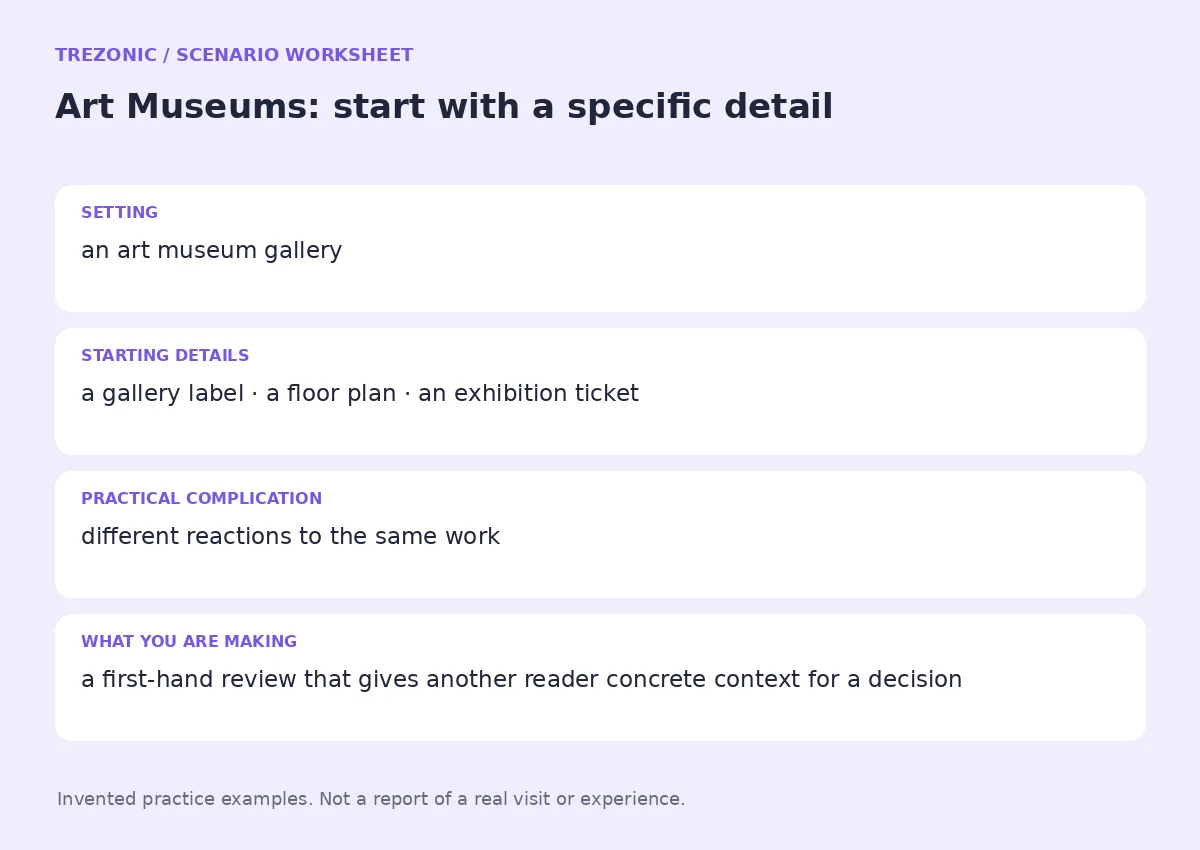 Practice worksheet for Art Museums: setting, starting details, complication and goal