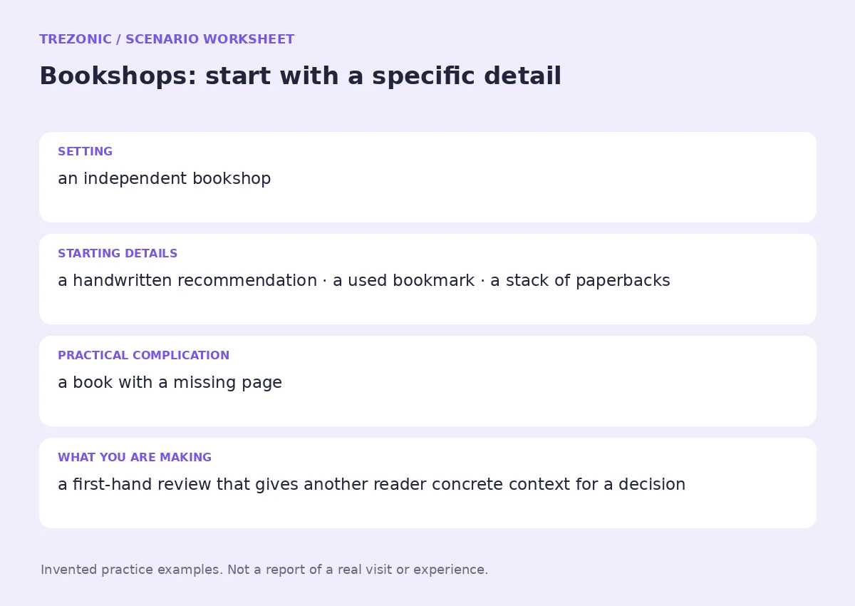 Practice worksheet for Bookshops: setting, starting details, complication and goal