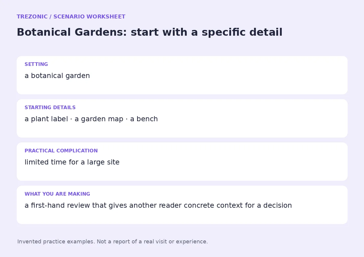 Practice worksheet for Botanical Gardens: setting, starting details, complication and goal