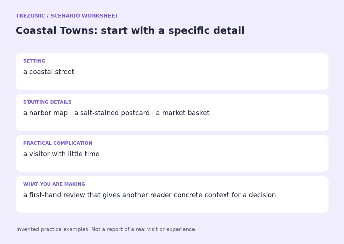 Practice worksheet for Coastal Towns: setting, starting details, complication and goal
