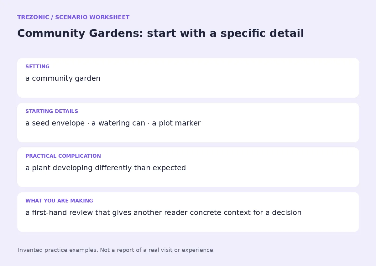 Practice worksheet for Community Gardens: setting, starting details, complication and goal