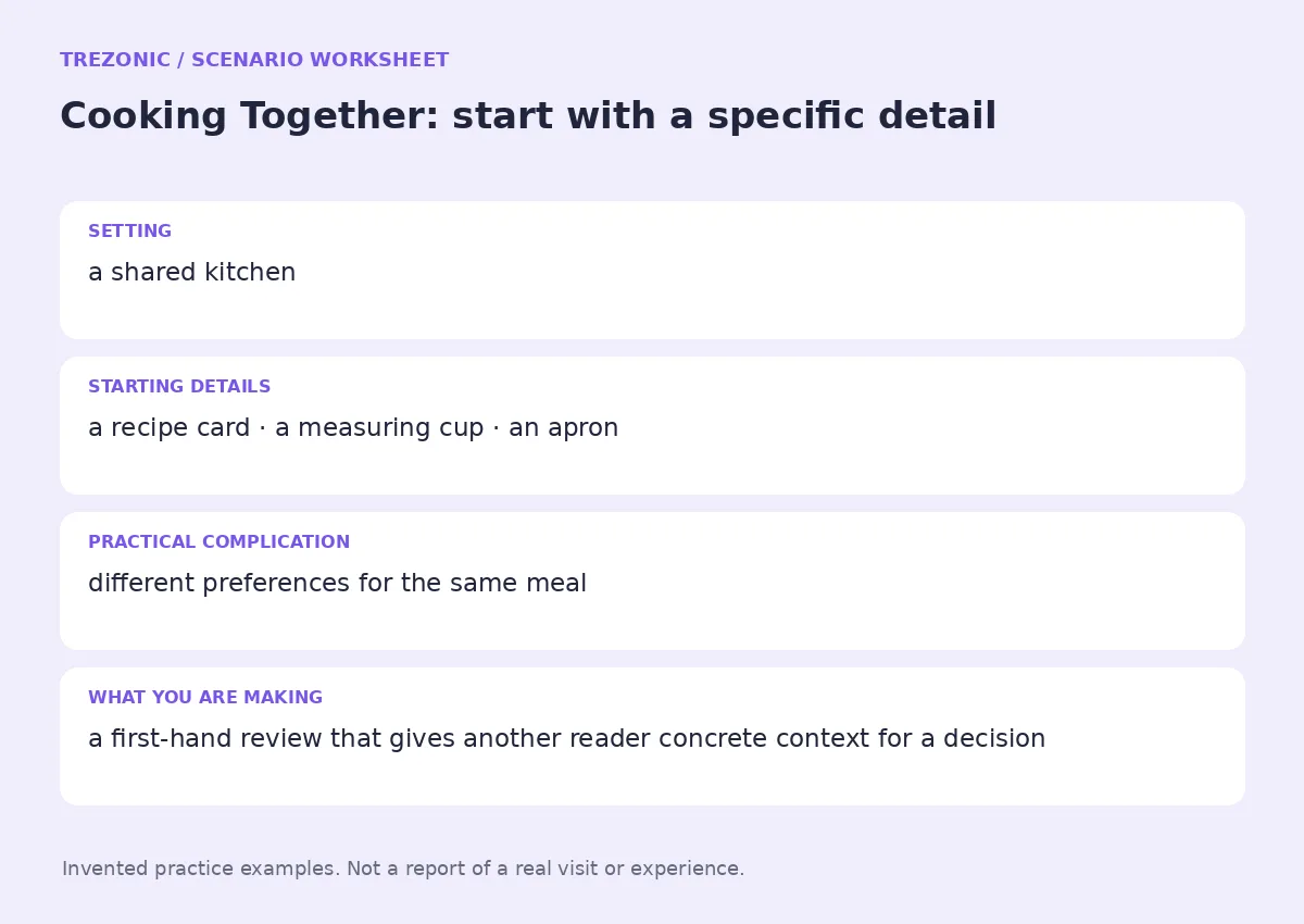 Practice worksheet for Cooking Together: setting, starting details, complication and goal