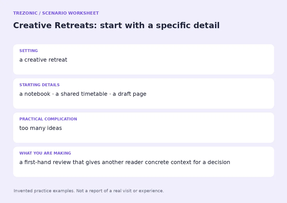 Practice worksheet for Creative Retreats: setting, starting details, complication and goal