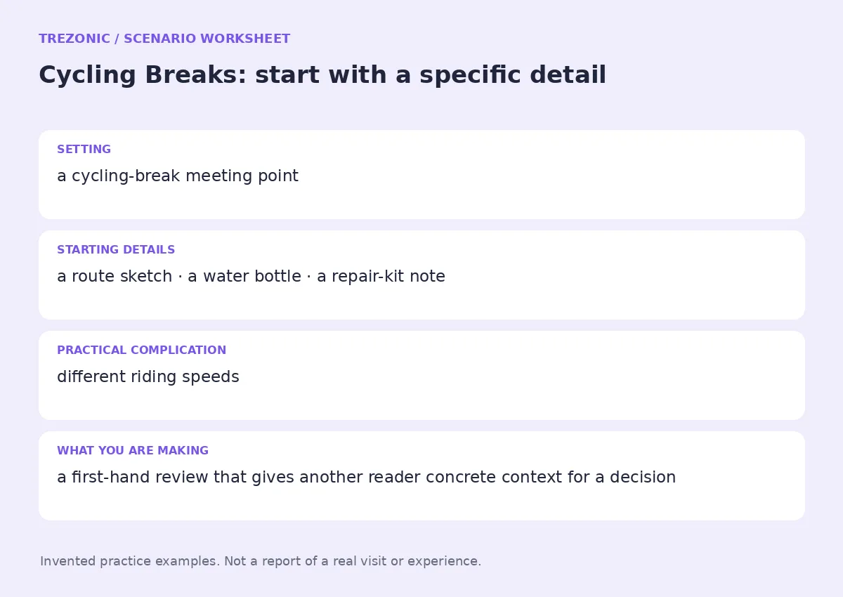 Practice worksheet for Cycling Breaks: setting, starting details, complication and goal