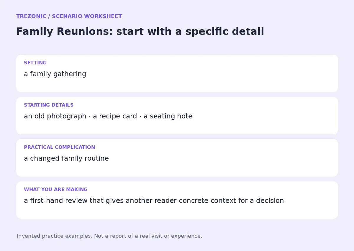Practice worksheet for Family Reunions: setting, starting details, complication and goal