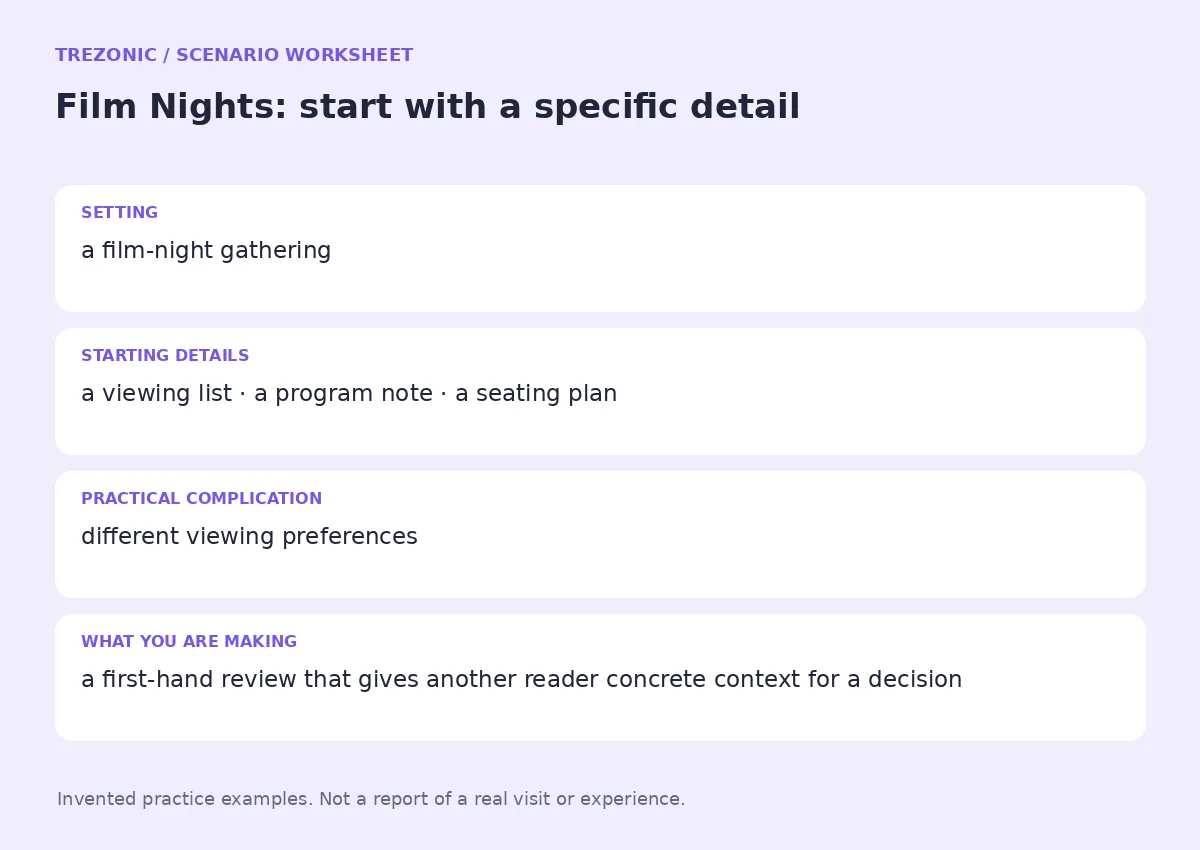 Practice worksheet for Film Nights: setting, starting details, complication and goal