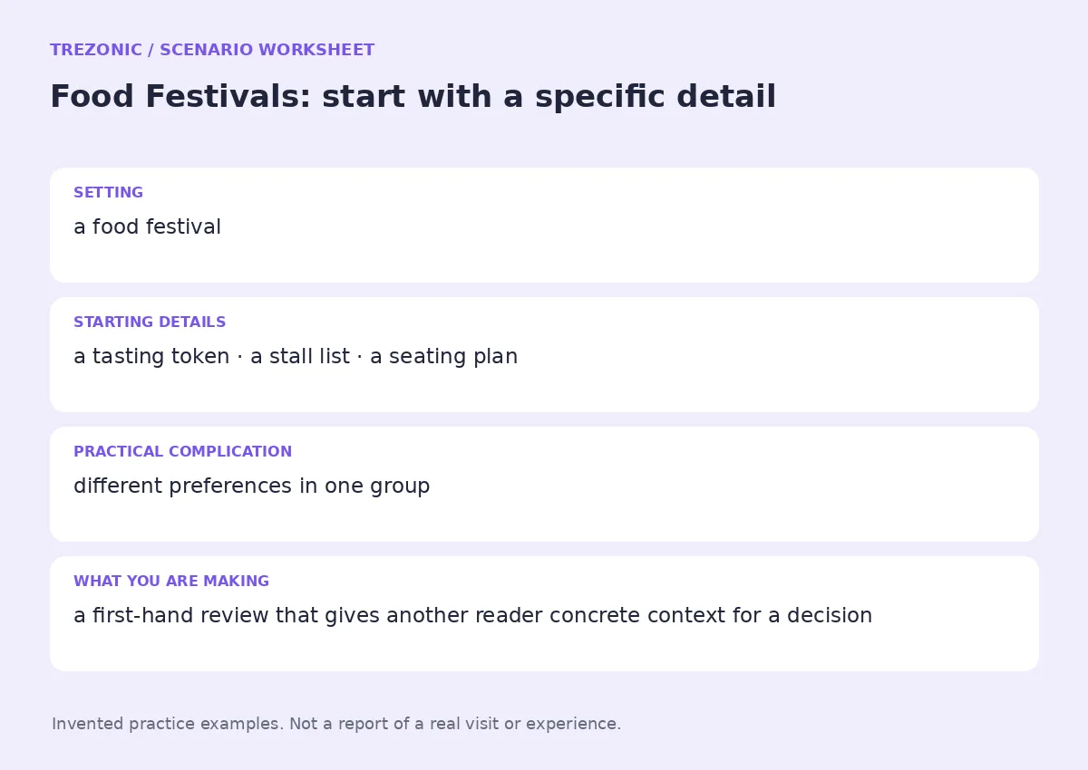 Practice worksheet for Food Festivals: setting, starting details, complication and goal