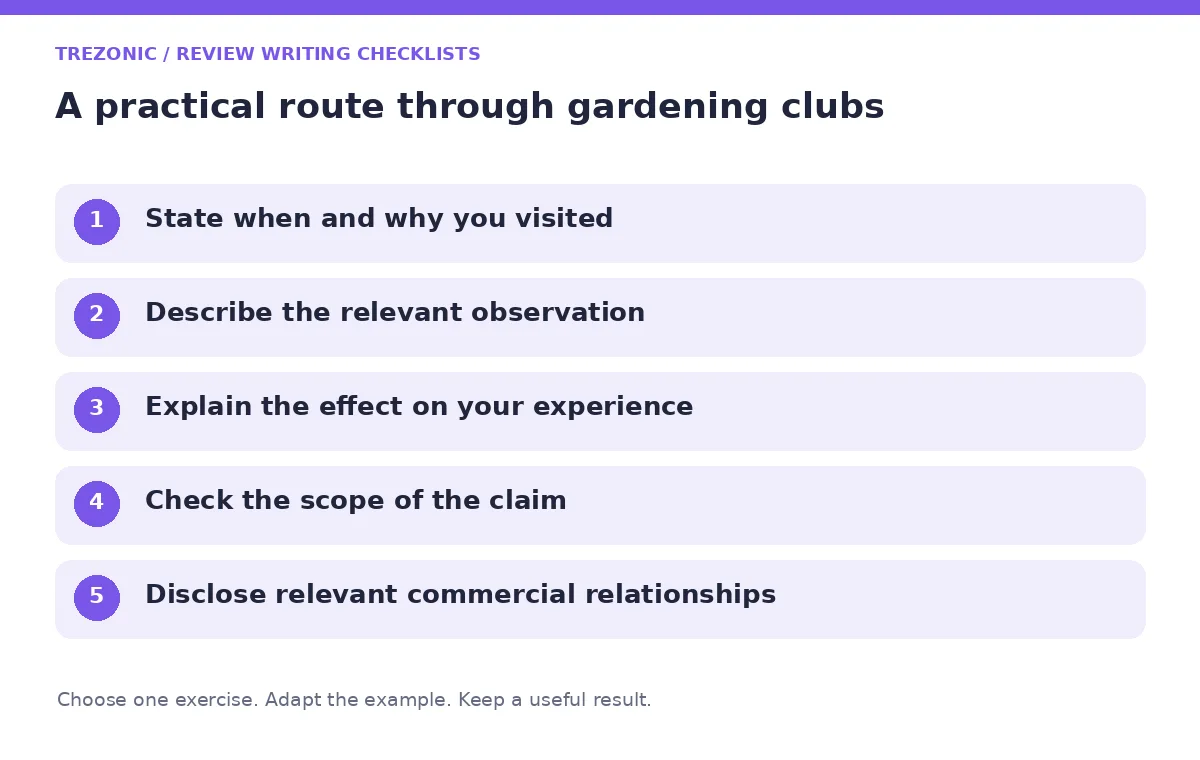 Five steps for review writing checklists about gardening clubs