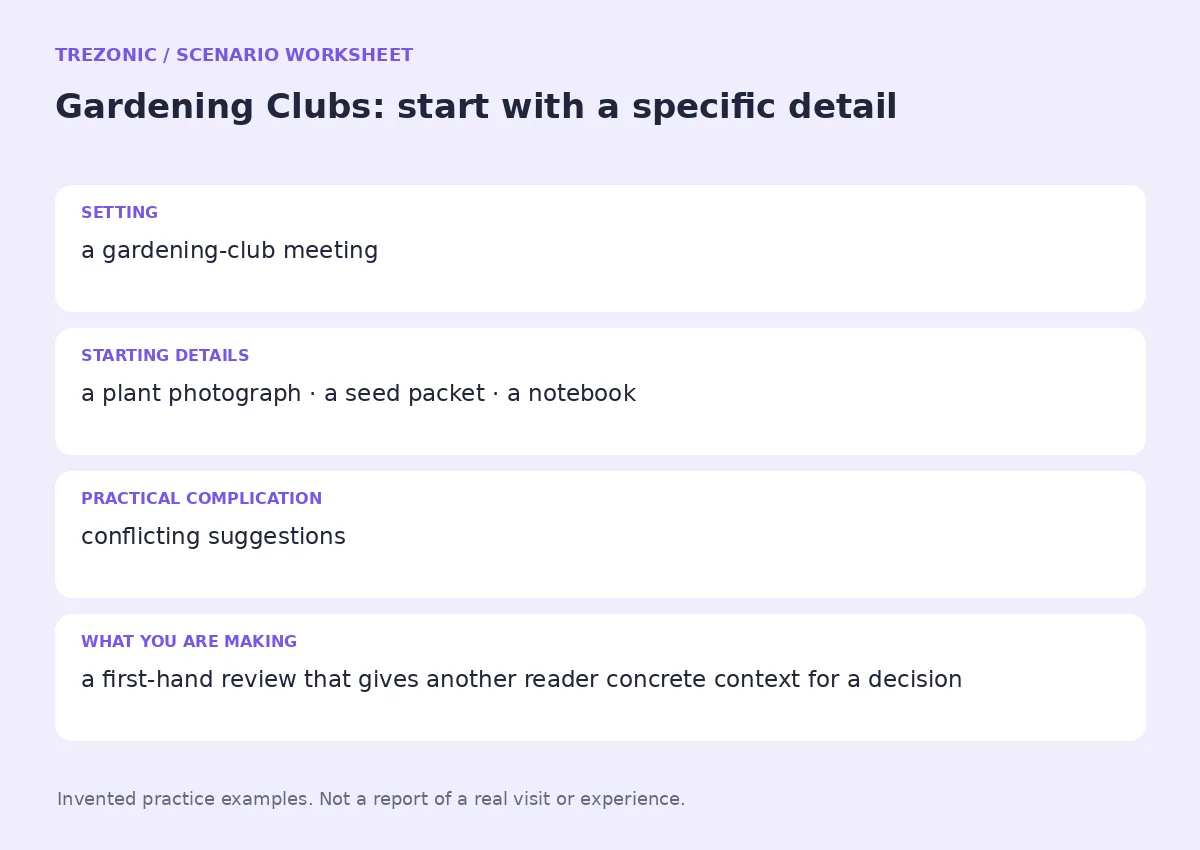 Practice worksheet for Gardening Clubs: setting, starting details, complication and goal