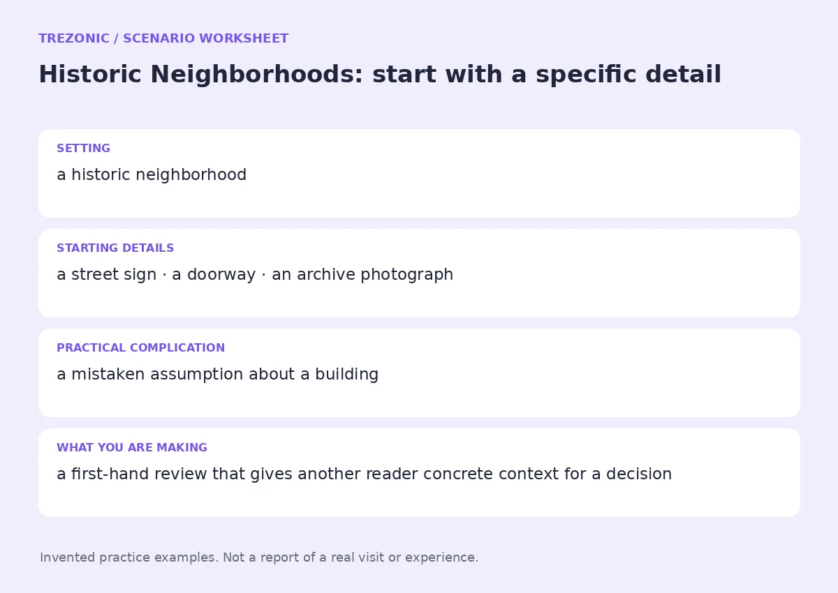 Practice worksheet for Historic Neighborhoods: setting, starting details, complication and goal