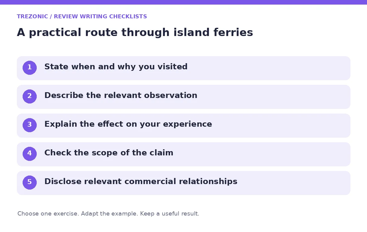 Five steps for review writing checklists about island ferries