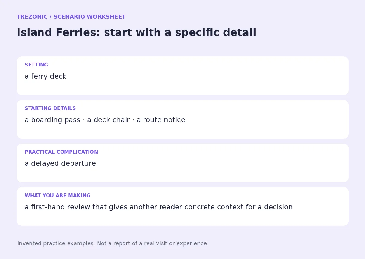 Practice worksheet for Island Ferries: setting, starting details, complication and goal