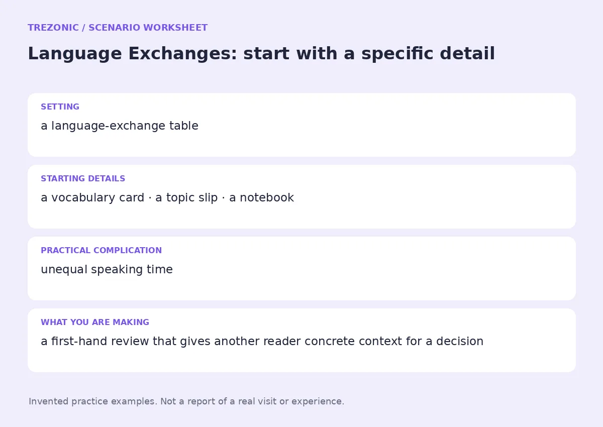 Practice worksheet for Language Exchanges: setting, starting details, complication and goal