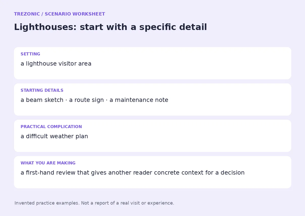 Practice worksheet for Lighthouses: setting, starting details, complication and goal