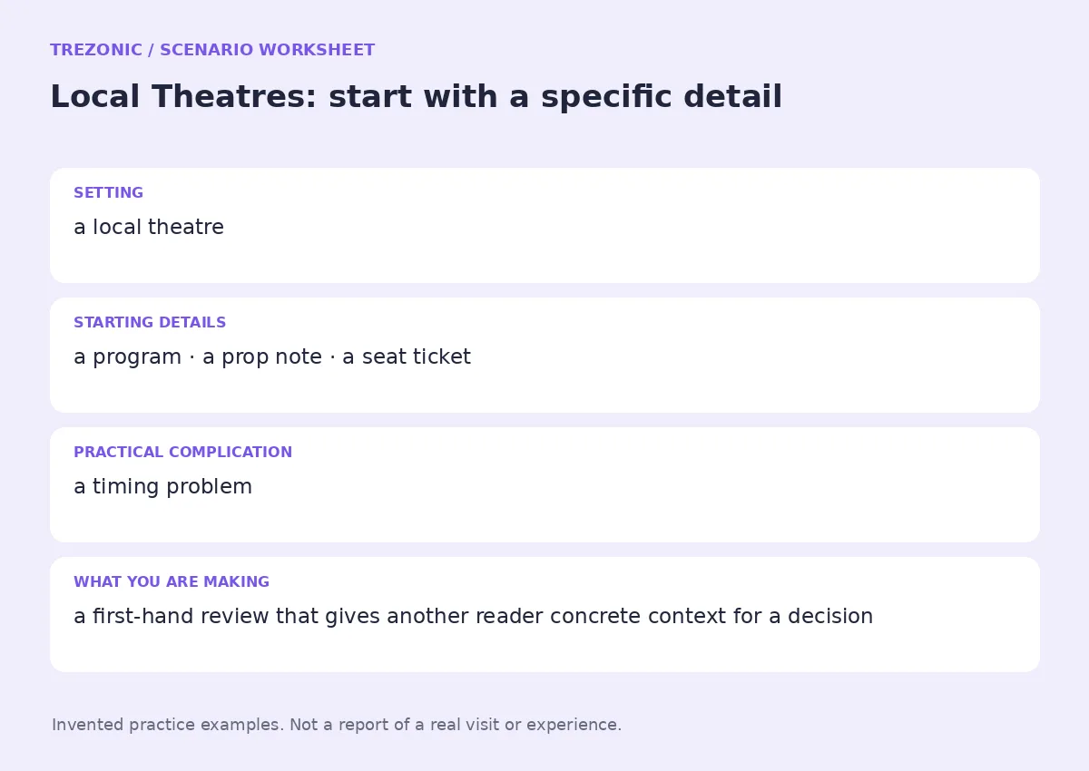 Practice worksheet for Local Theatres: setting, starting details, complication and goal