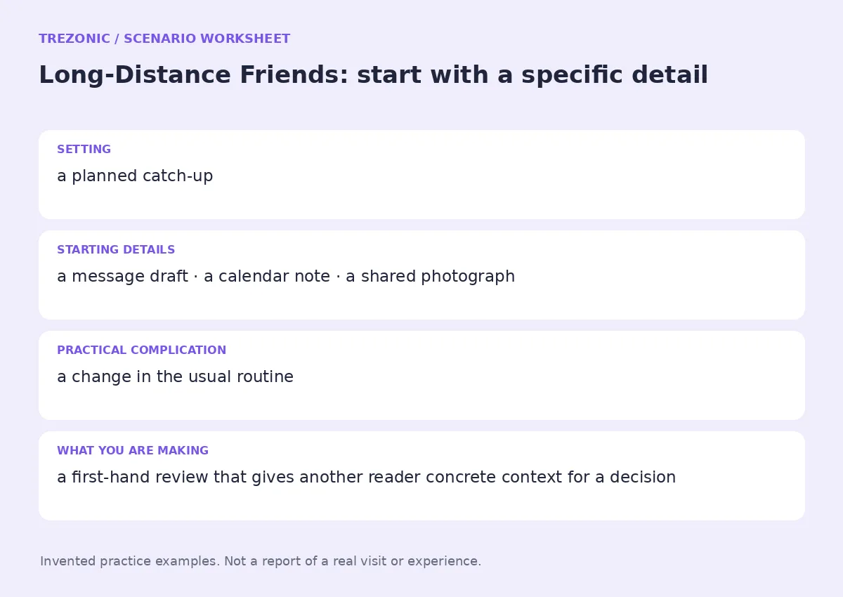 Practice worksheet for Long-Distance Friends: setting, starting details, complication and goal