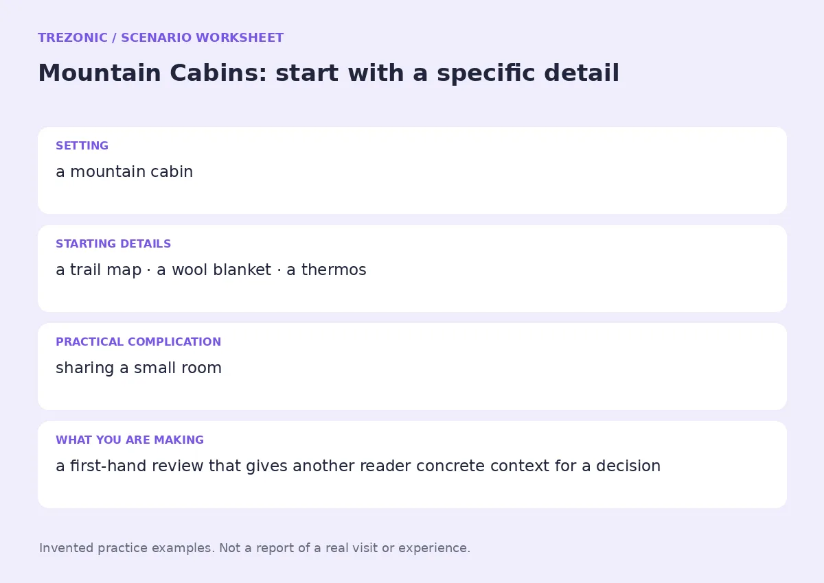 Practice worksheet for Mountain Cabins: setting, starting details, complication and goal