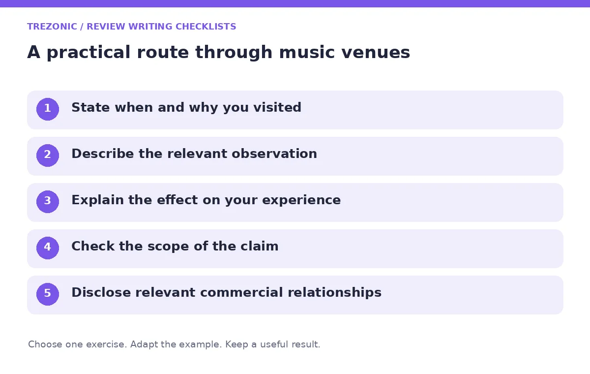 Five steps for review writing checklists about music venues