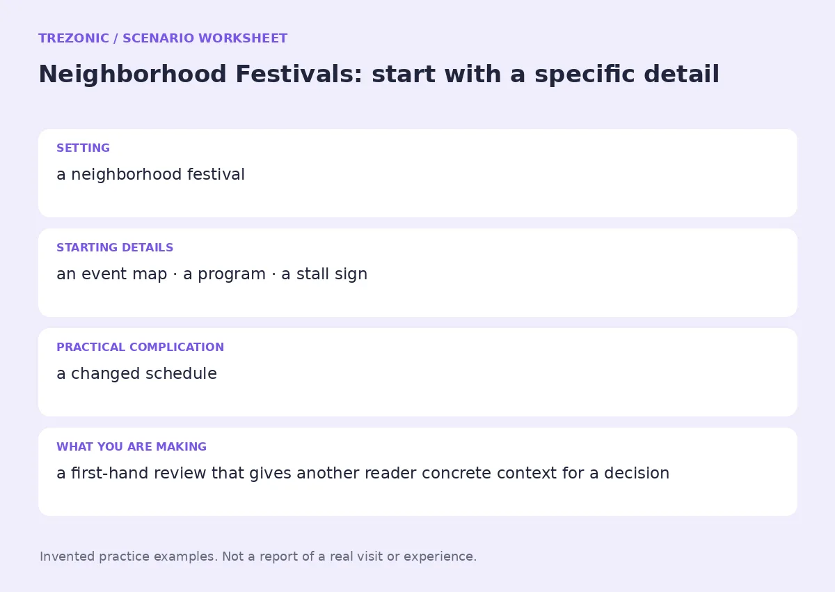 Practice worksheet for Neighborhood Festivals: setting, starting details, complication and goal