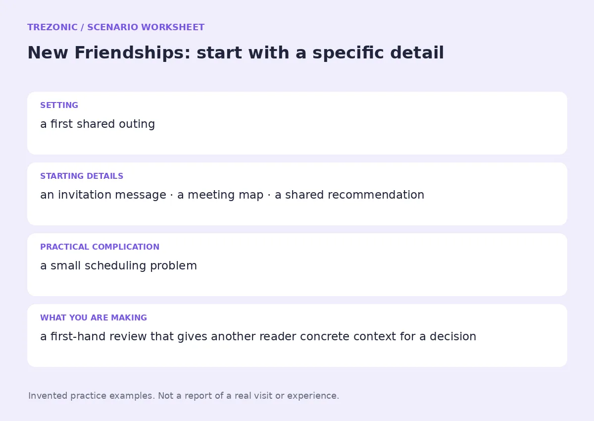 Practice worksheet for New Friendships: setting, starting details, complication and goal