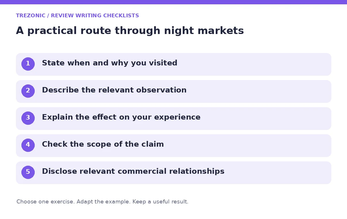 Five steps for review writing checklists about night markets