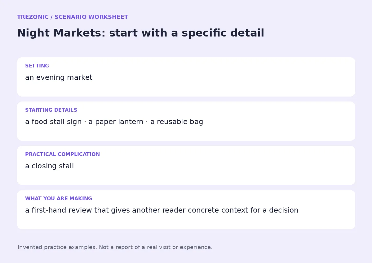 Practice worksheet for Night Markets: setting, starting details, complication and goal