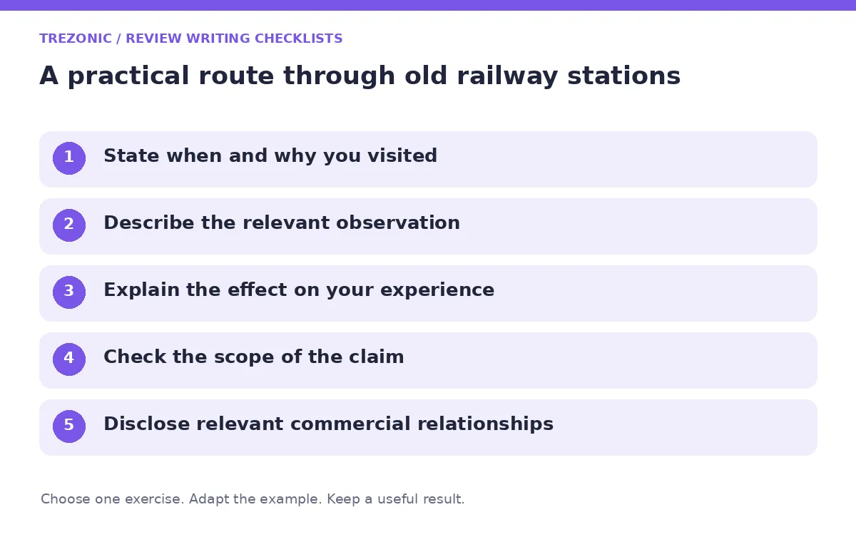 Five steps for review writing checklists about old railway stations