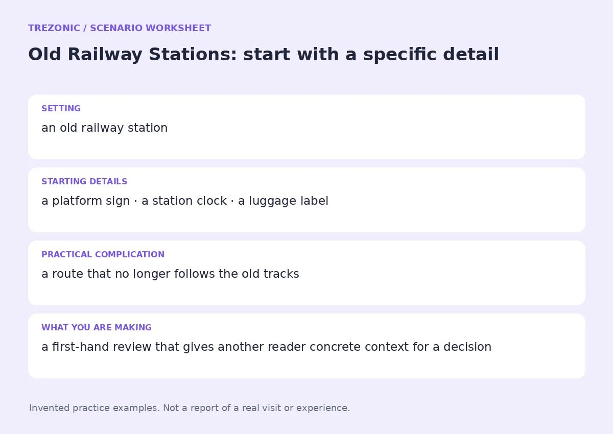 Practice worksheet for Old Railway Stations: setting, starting details, complication and goal