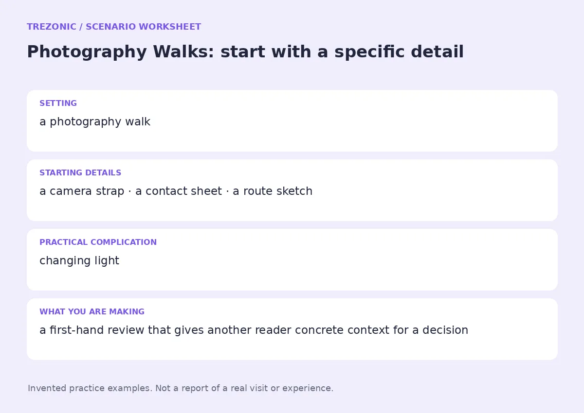 Practice worksheet for Photography Walks: setting, starting details, complication and goal