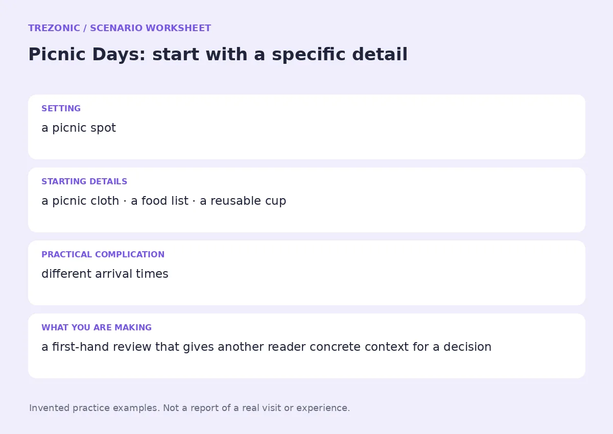 Practice worksheet for Picnic Days: setting, starting details, complication and goal