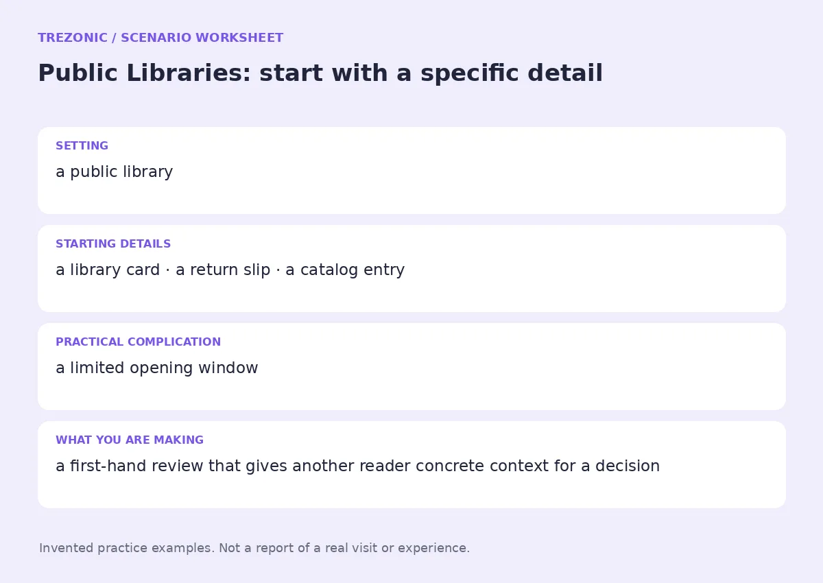 Practice worksheet for Public Libraries: setting, starting details, complication and goal