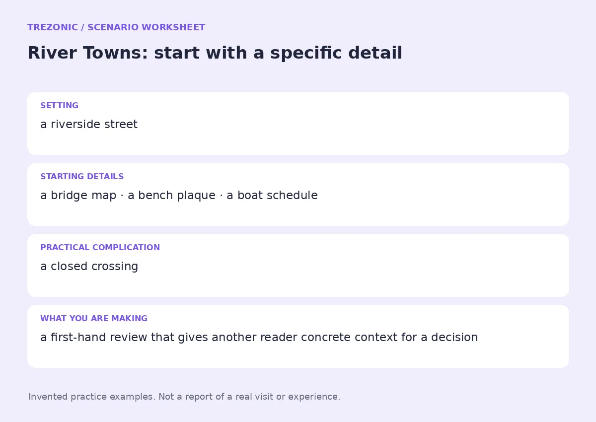 Practice worksheet for River Towns: setting, starting details, complication and goal