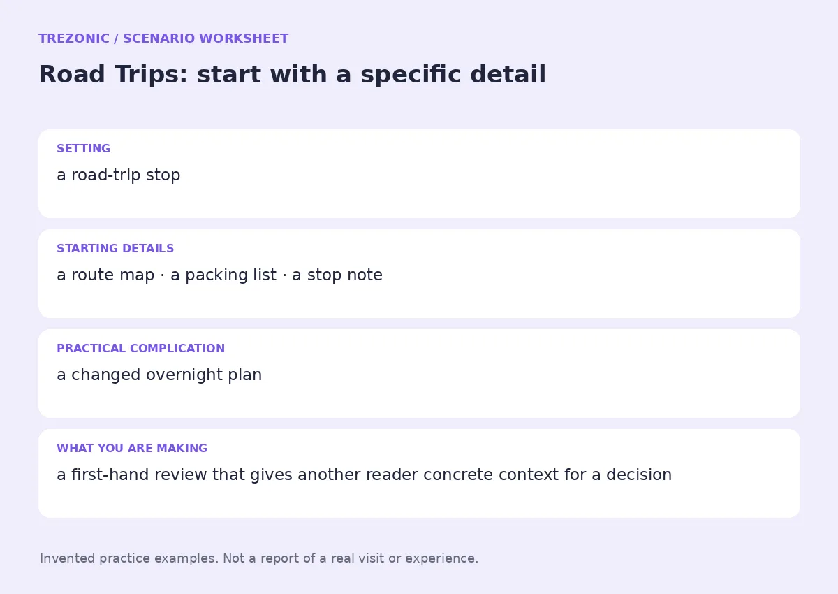 Practice worksheet for Road Trips: setting, starting details, complication and goal
