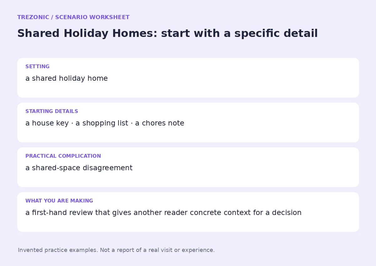 Practice worksheet for Shared Holiday Homes: setting, starting details, complication and goal