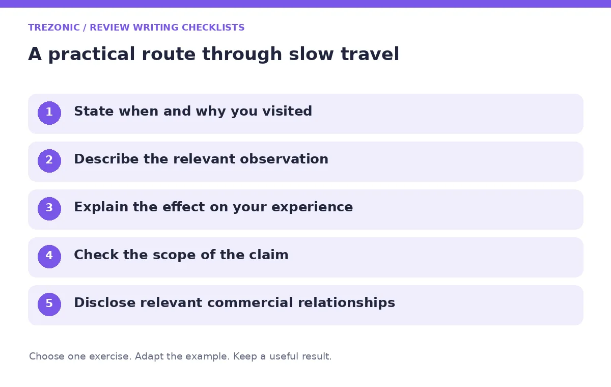 Five steps for review writing checklists about slow travel