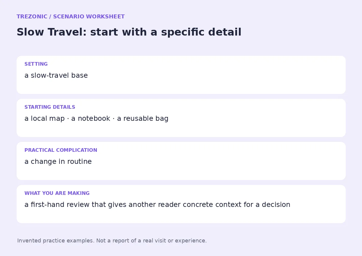 Practice worksheet for Slow Travel: setting, starting details, complication and goal