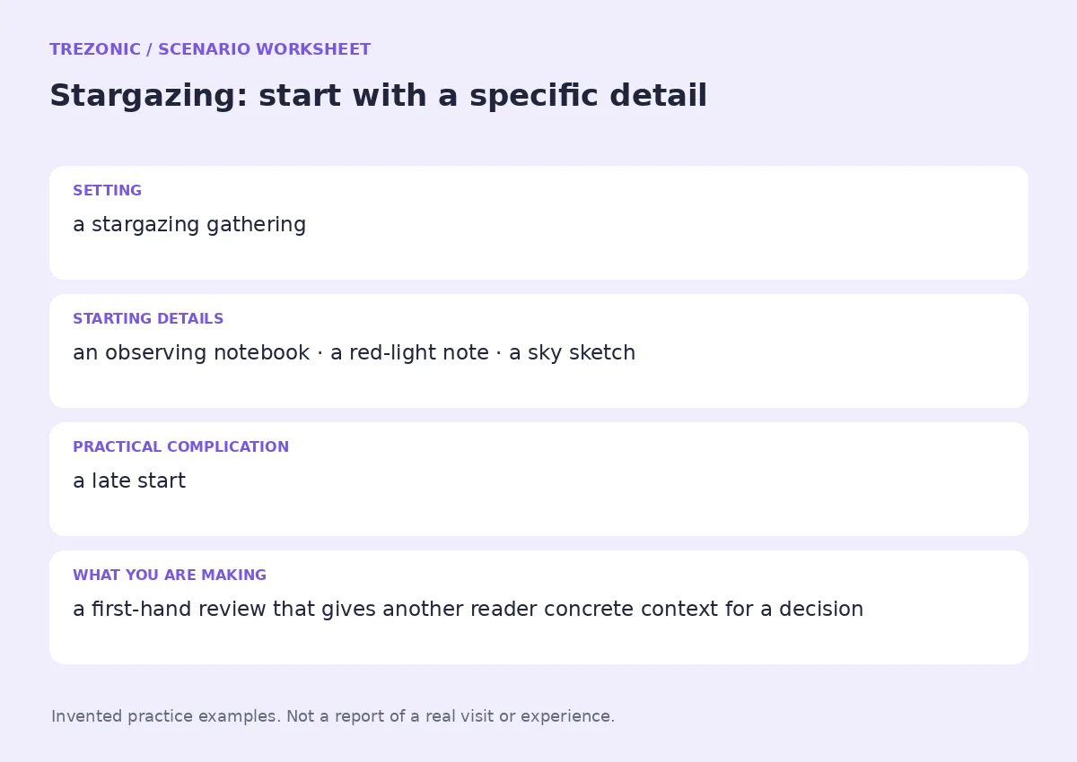 Practice worksheet for Stargazing: setting, starting details, complication and goal