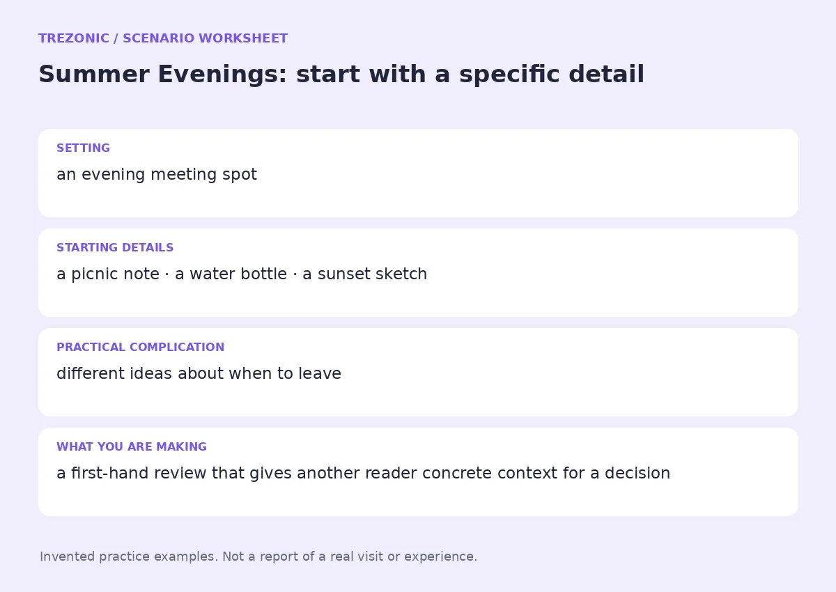 Practice worksheet for Summer Evenings: setting, starting details, complication and goal