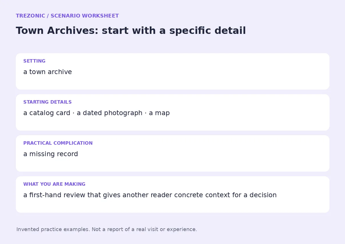 Practice worksheet for Town Archives: setting, starting details, complication and goal