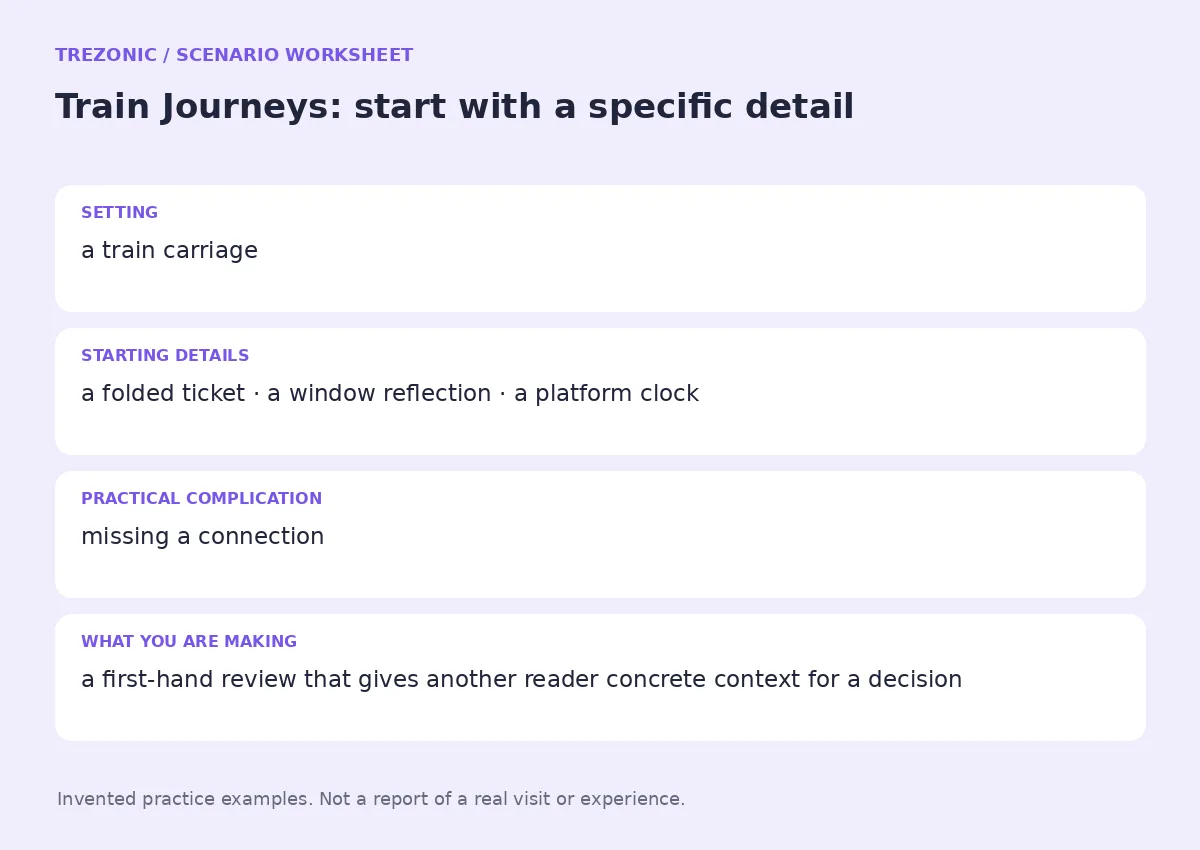 Practice worksheet for Train Journeys: setting, starting details, complication and goal