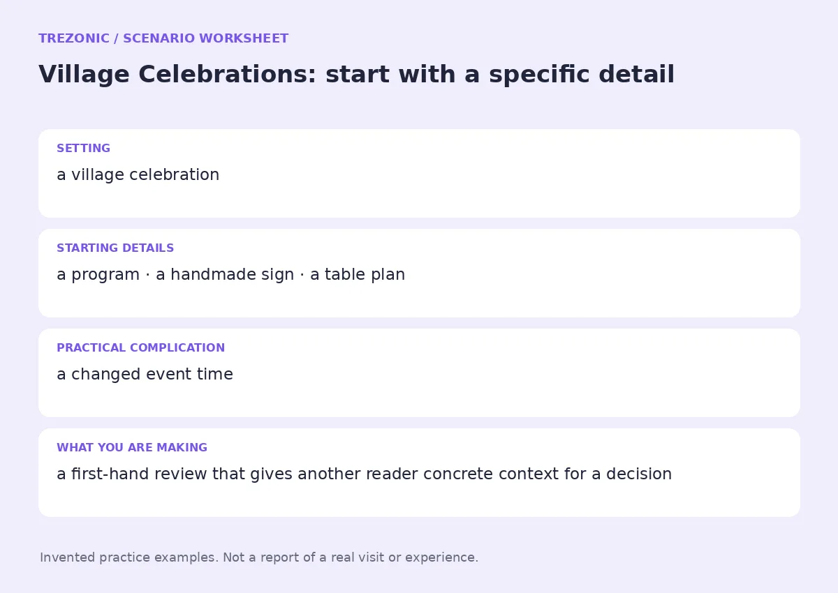 Practice worksheet for Village Celebrations: setting, starting details, complication and goal